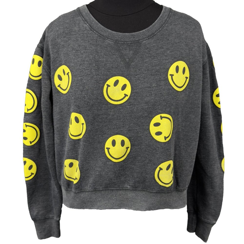 RELAXX Smiley Face Graphic Cropped Sweatshirt Gray Size S